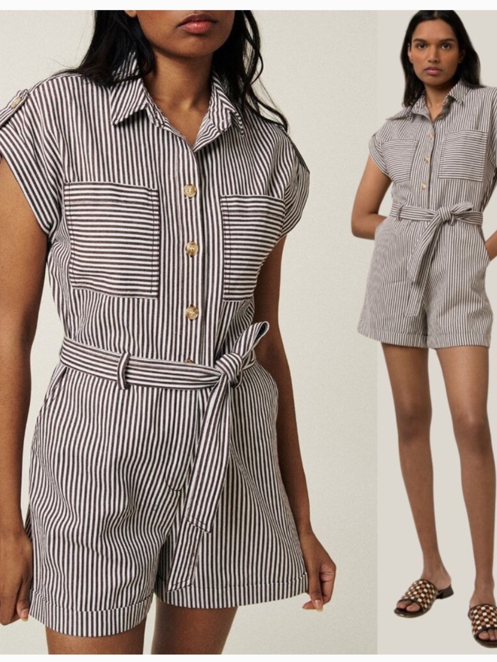 FRNCH Striped Short-Sleeve Tie-Waist Romper in Black and White